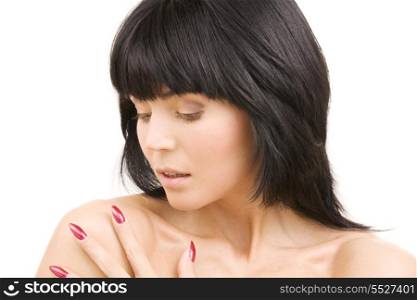 picture of lovely woman with red nails over white