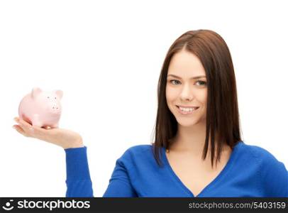 picture of lovely woman with small piggy bank