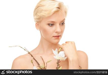 picture of lovely woman with twig over white