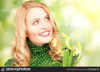 picture of lovely woman with yellow flowers and butterflies