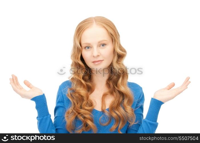 picture of ?lueless woman shrugging helpless with her shoulders &#xA;