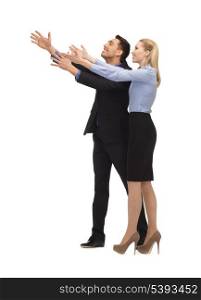 picture of man and woman making a greeting gesture.