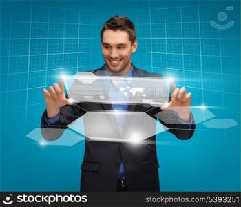 picture of man in suit working with virtual screens