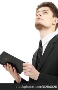 picture of man with holy bible over white