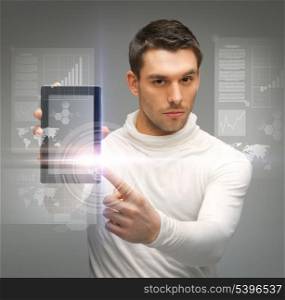 picture of man with tablet pc and virtual screens