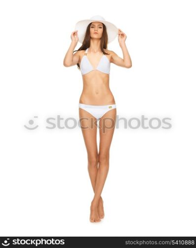 picture of model posing in white bikini with hat.
