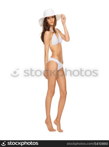 picture of model posing in white bikini with hat.