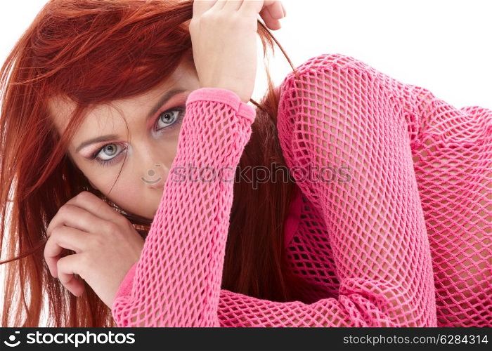 picture of mysterious redhead in pink fishnet