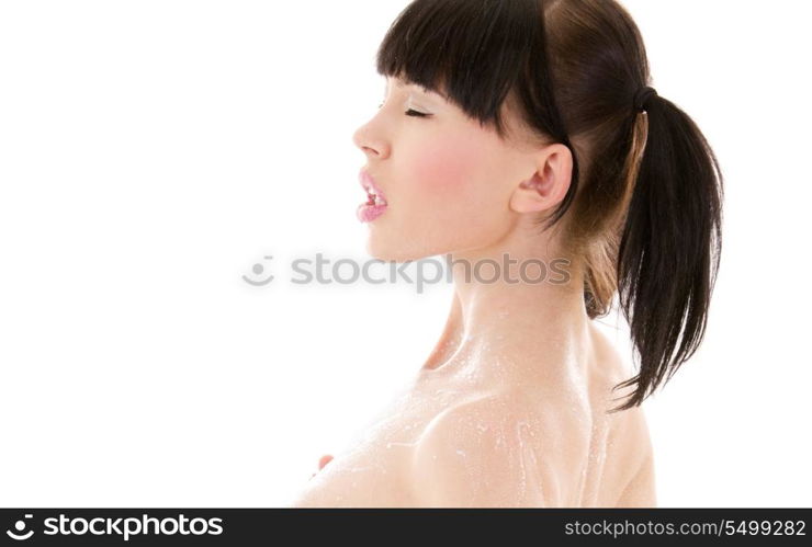 picture of naked woman in milk over white