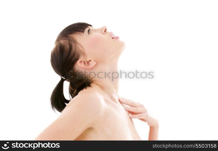 picture of naked woman in milk over white