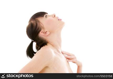 picture of naked woman in milk over white