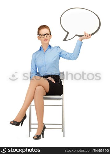 picture of pensive businesswoman with blank text bubble in specs