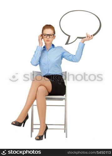 picture of pensive businesswoman with blank text bubble in specs