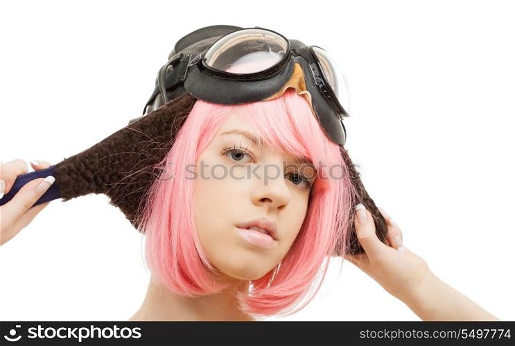 picture of pink hair girl in aviator helmet