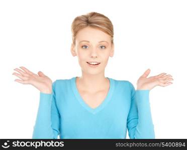 picture of playful unsure woman shrugging or doubting