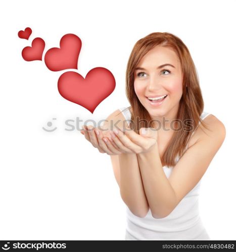 Picture of pretty woman with red hearts isolated on white background, female in love, first affection, Valentine day, romantic teenager girl, closeup portrait of dreamy young lady, happy concept