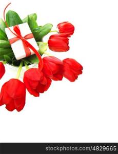 Picture of red tulips flowers and small white gift box on fresh green leaves, romantic still life for happy mothers day isolated on white background, festive border, birthday holiday, cute surprise
