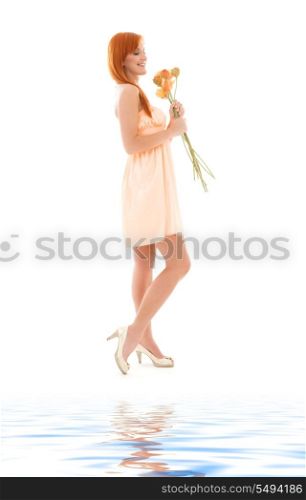 picture of redhead woman with flowers over white