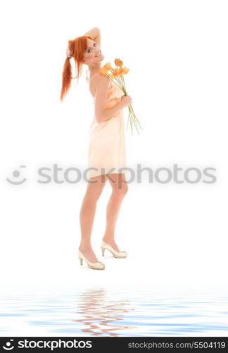 picture of redhead woman with flowers over white