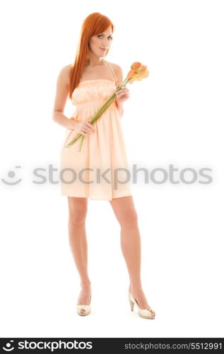 picture of redhead woman with flowers over white