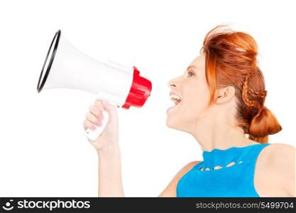 picture of redhead woman with megaphone over white