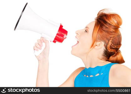 picture of redhead woman with megaphone over white