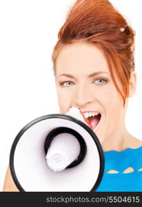 picture of redhead woman with megaphone over white