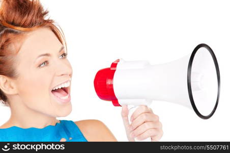 picture of redhead woman with megaphone over white