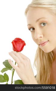 picture of romantic blond with red rose