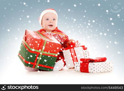 picture of santa helper baby with christmas gifts