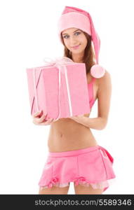 picture of santa helper girl in pink with gift box