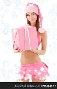 picture of santa helper girl in pink with gift box