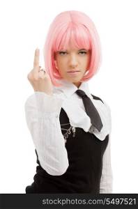 picture of schoolgirl with pink hair showing middle finger
