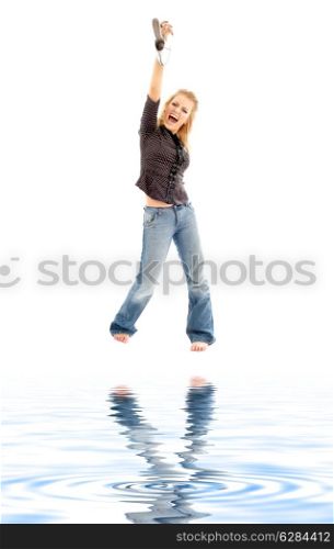picture of screaming blond with shoe on white sand