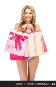 picture of seductive woman in bikini with shopping bags