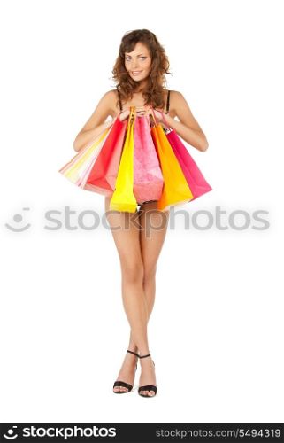 picture of seductive woman in sexy lingerie with shopping bags