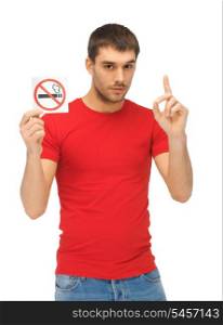 picture of serious man in red shirt with no smoking sign.