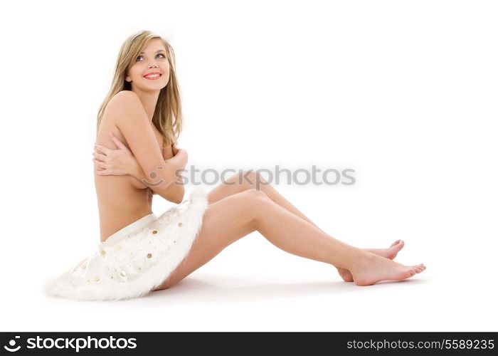picture of sitting topless blond in furry skirt