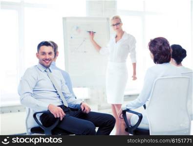 picture of smiling businessman on business meeting in office. businessman on business meeting in office