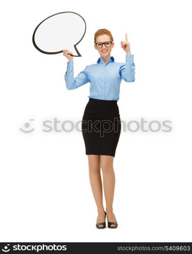picture of smiling businesswoman in glasses with blank text bubble
