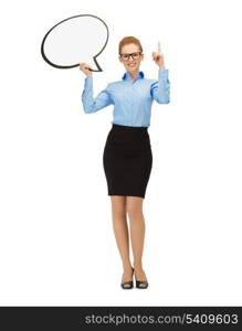 picture of smiling businesswoman in glasses with blank text bubble