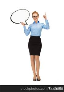 picture of smiling businesswoman with blank text bubble in specs
