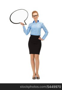 picture of smiling businesswoman with blank text bubble in specs