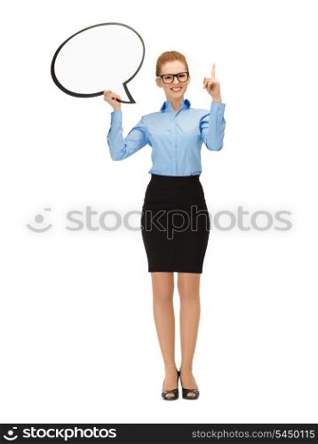picture of smiling businesswoman with blank text bubble in specs