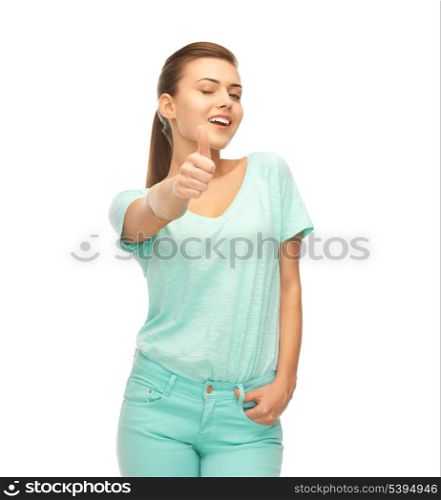 picture of smiling girl in color t-shirt showing thumbs up