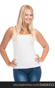 picture of smiling teenager girl in blank white t-shirt