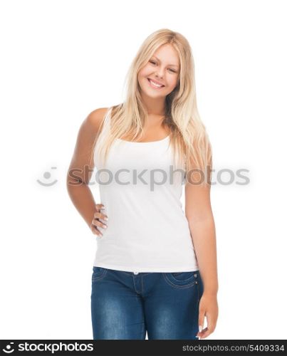 picture of smiling teenager girl in blank white t-shirt