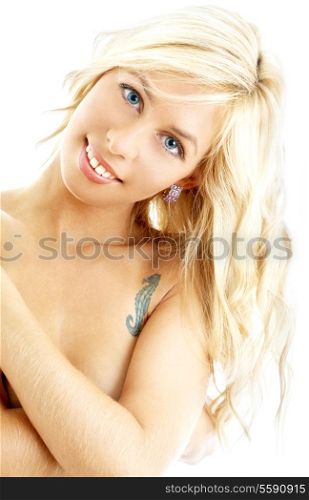 picture of smiling topless blond over white background