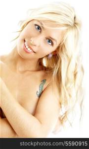 picture of smiling topless blond over white background