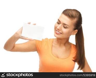 picture of smiling woman holding white blank card